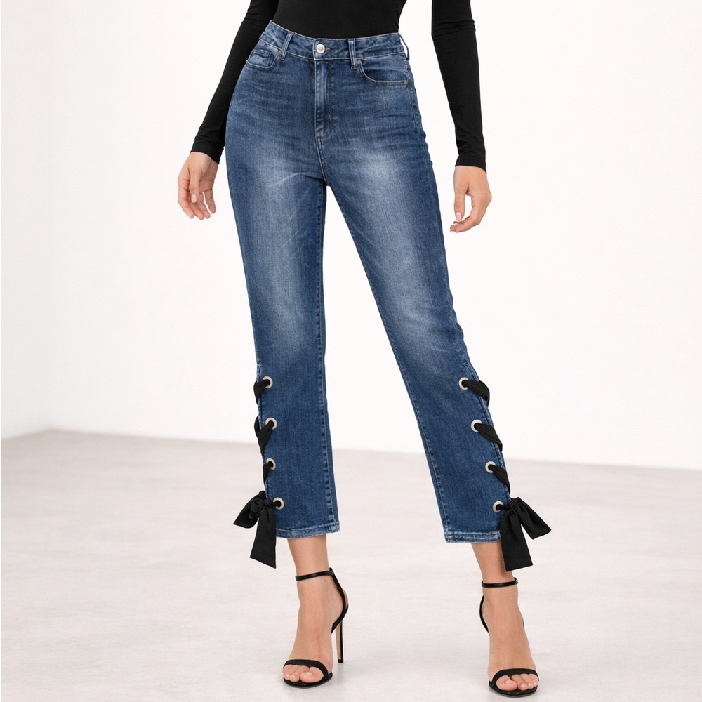 Paige High Rise Sarah Straight Ankle Crop Jean size 31 dark blue lace up